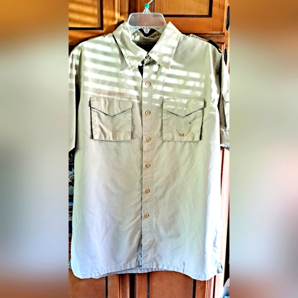 Boy Scouts Top Adult Med American Flag Patch Khaki Short Slv Button Front "Read" - Picture 1 of 11